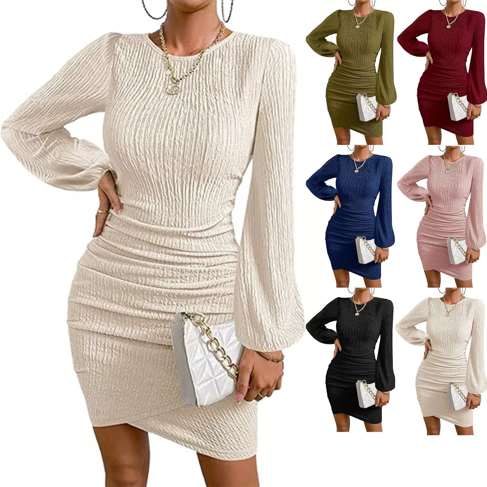 女式礼服连衣裙秋冬季亚马逊欧美女装新款修身收腰宾客褶饰短裙女