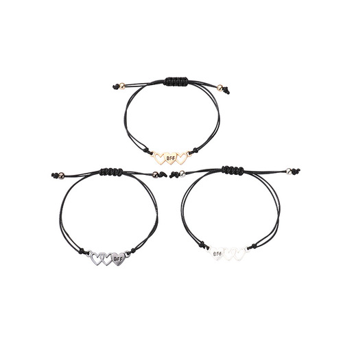 Cross-border New BFF Heart-Shaped Bracelets: 3-Piece Set of Simple European & American-Style Alloy Bracelets, Handcrafted with Waxed Cord Weaving—Wholesale Price