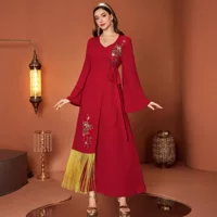 ZF4074 красное платье с V-образным вырезом и желтыми кистями ABAYA, женская одежда, прямые поставки от фабрики