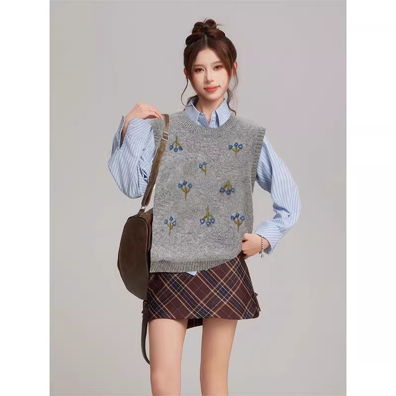 Vintage bordado flor de cuello redondo chaleco de mujer suave glutinoso corto suéter sin mangas primavera otoño invierno nueva chaqueta de punto