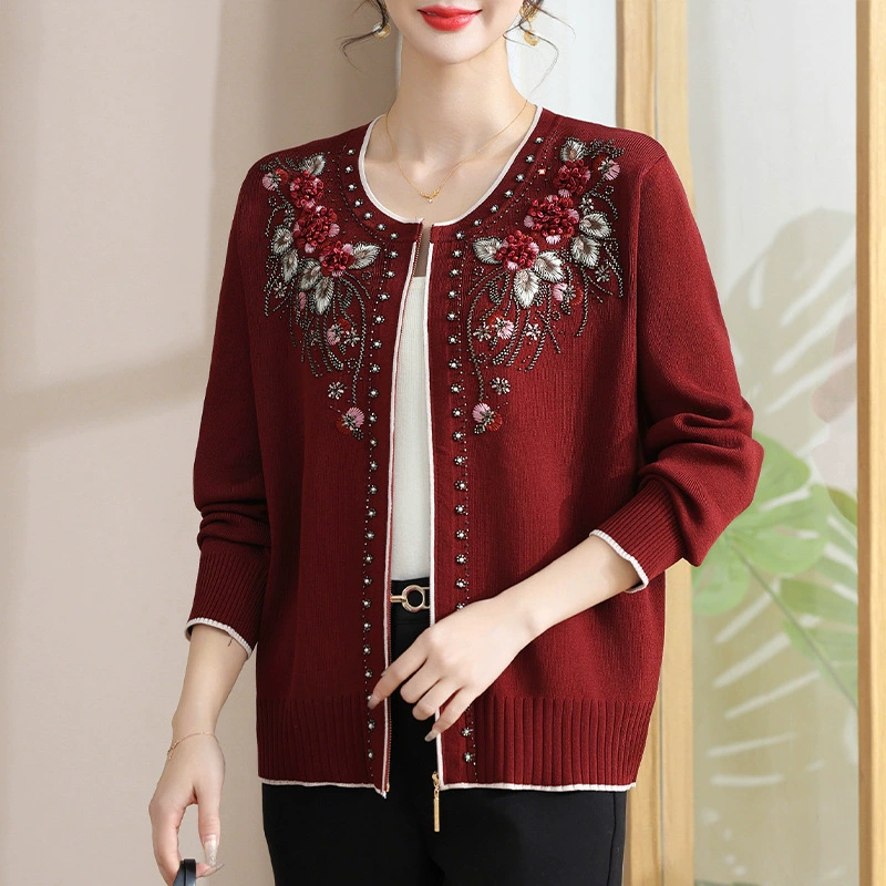 Тяжелый промышленный вышивка из бисера на молнии трикотажный кардиган свободная удобная мама свитер куртка модный повседневный дикий топ