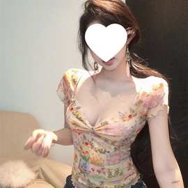 上衣新款纯网纱油画v领短袖欲绝碎花美T恤辣妹木耳边感小夏季复古