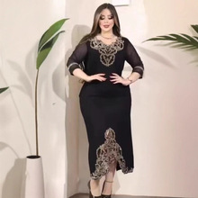 2024秋季新款欧美亚马逊跨境时尚印花圆领长款复古风长袖连衣裙女