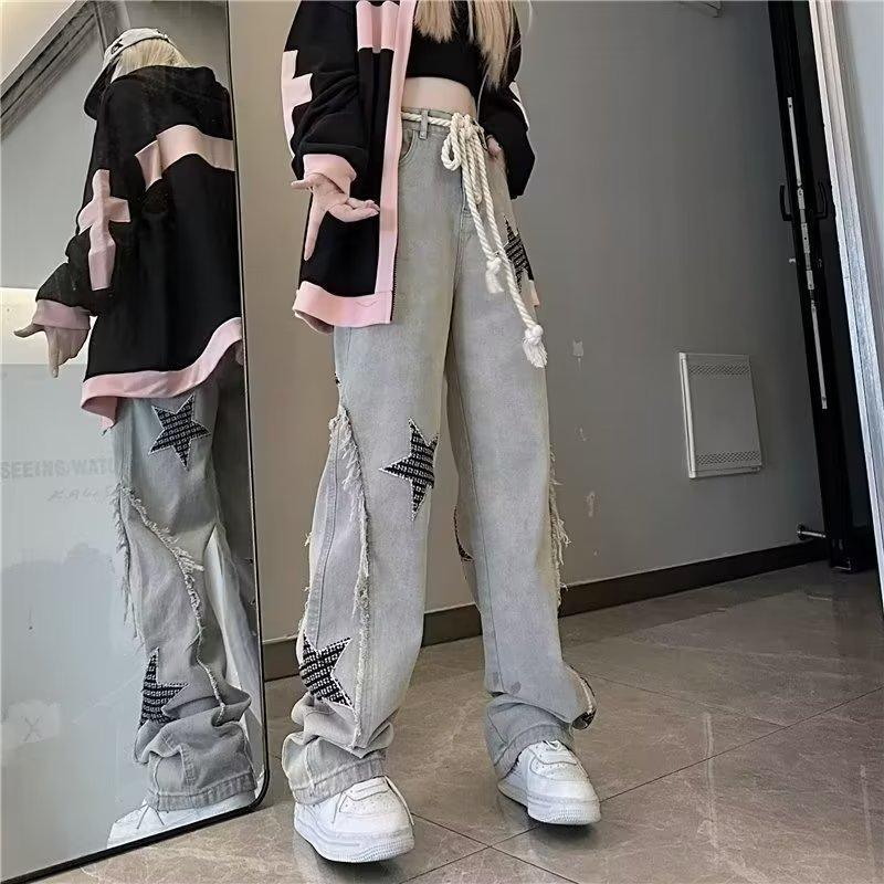High Street Flared Ripped Light Blue Jeans Couple Loose Patchwork Casual Pants Men Hip Hop 2025 Trend_viptrois.com
