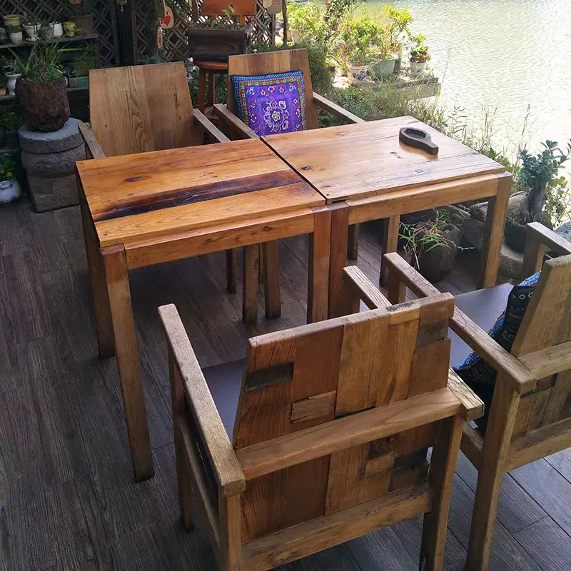 漫咖啡桌椅老榆木餐桌复古做旧实木方桌奶茶店餐厅咖啡桌休闲木桌