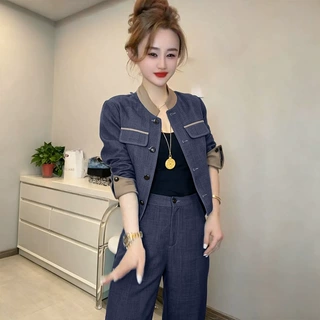 （现货）【两件套】高级感女洋气穿搭拼接显瘦上衣裤套装D10253