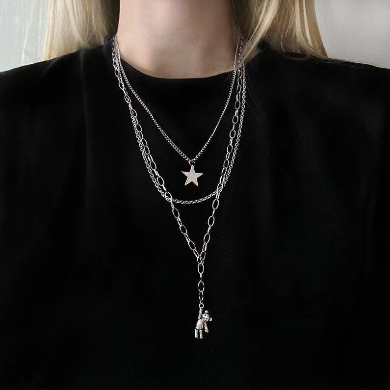 Sweet Cool Bear double-layer titanium steel long sweater chain Women's Light luxury niche design sense non-fading sweater chain necklace