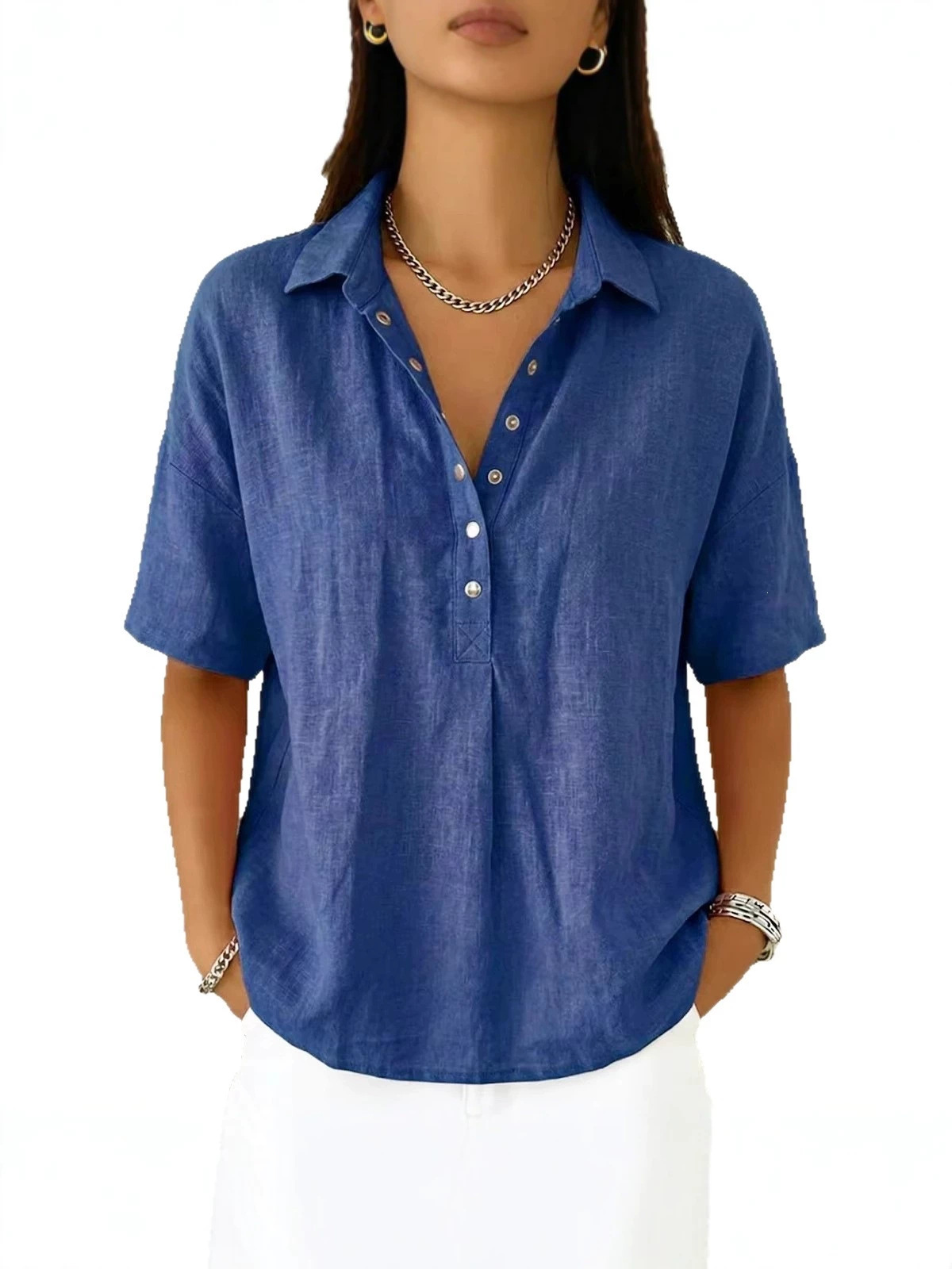 Europa y Estados Unidos transfronterizos Amazon estación independiente 2026 verano nuevo estilo de ropa de mujer comodidad con solapa de manga corta camisa sólida