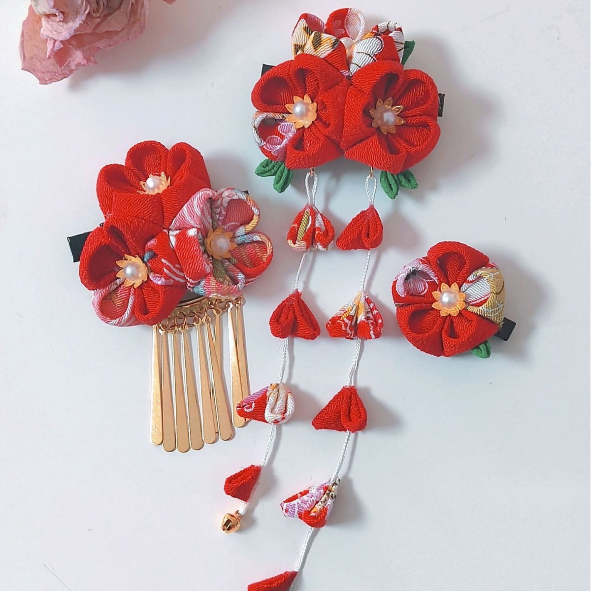 和风头饰日式细工花簪写真摄影饰品流苏花团发簪发夹和风布花美美
