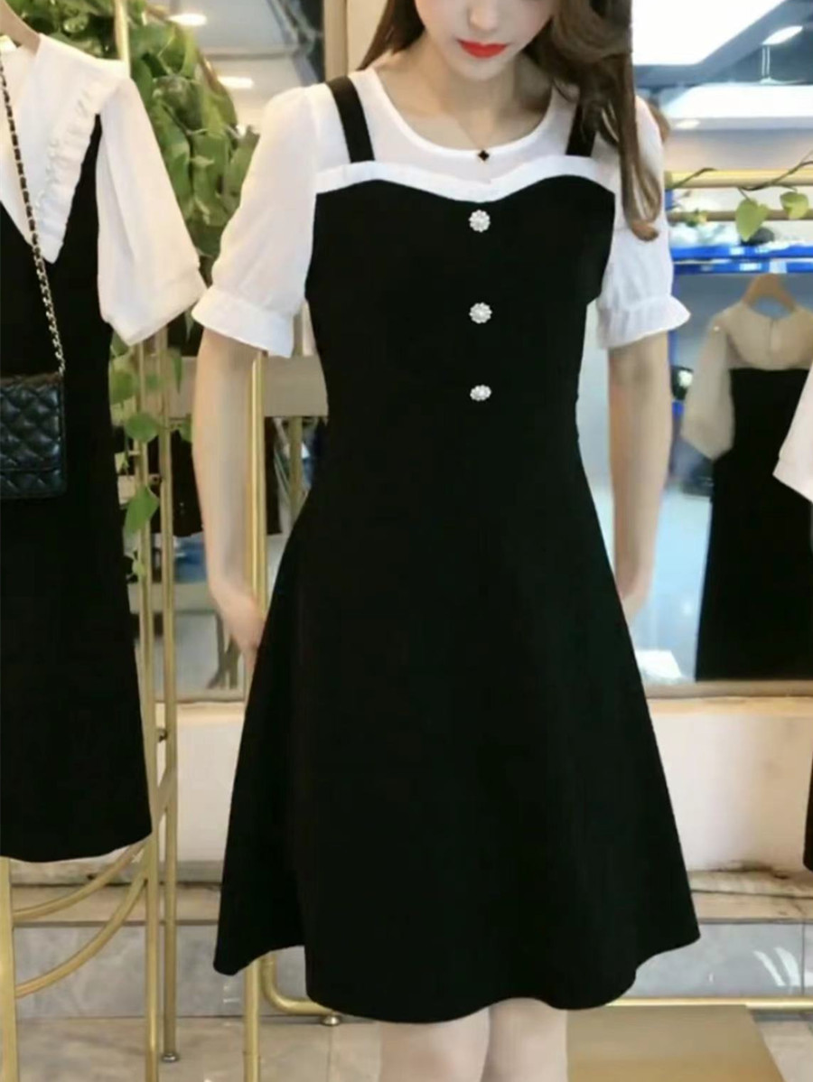收腰气质雪纺连衣裙女夏季女装新款小个子显高假两件吊带裙子