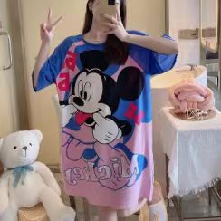 Spot falda de mujer viento perezoso talla grande camisón de mujer manga corta suelta y cómoda cuello redondo lindo vestido de casa con estampado de dibujos animados