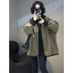 欧货撞色两面穿V领风衣女士秋季新款宽松显瘦百搭棒球中长款外套