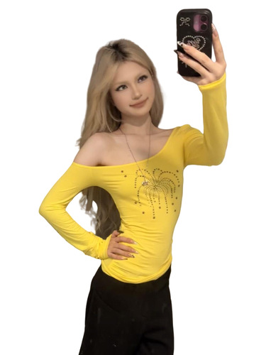 American retro slanted shoulder iron copper beaded long-sleeved T-shirt women autumn sweet cool hot girl y2k slim slimming all-match top