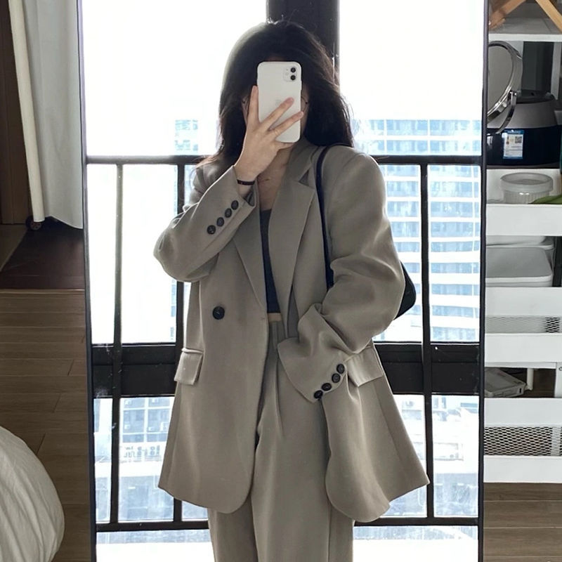 灰色小西装外套女两件套装2025春秋新款小个子感宽松休闲西服