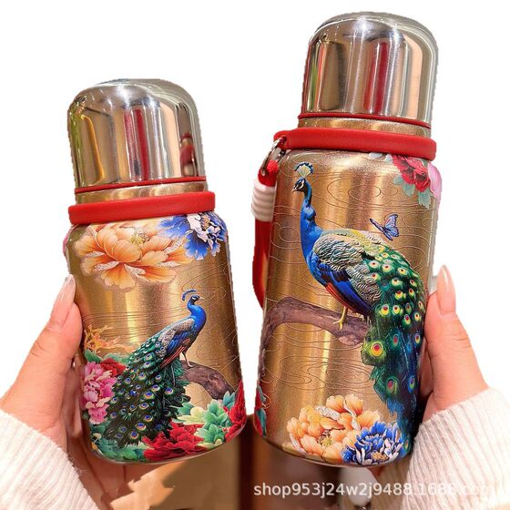 National Tide New 316 Peacock Koi National Style Thermos Outdoor Portable Ring