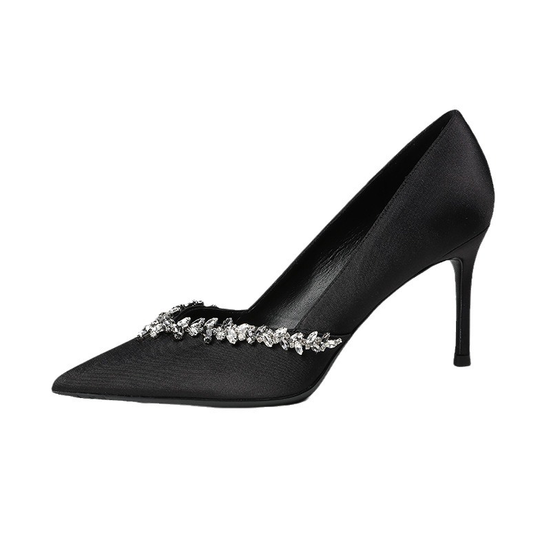 New V-mouth pointy rhine-diamond fine heel satin fashion all-matching high heels_voghion.com