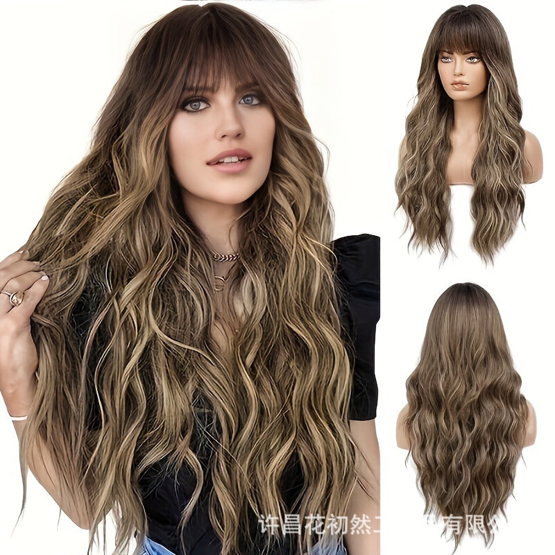 Brown and blonde high-gloss wig long curls with bangs brown wig natural look heat-resistant synthetic wig suitable
