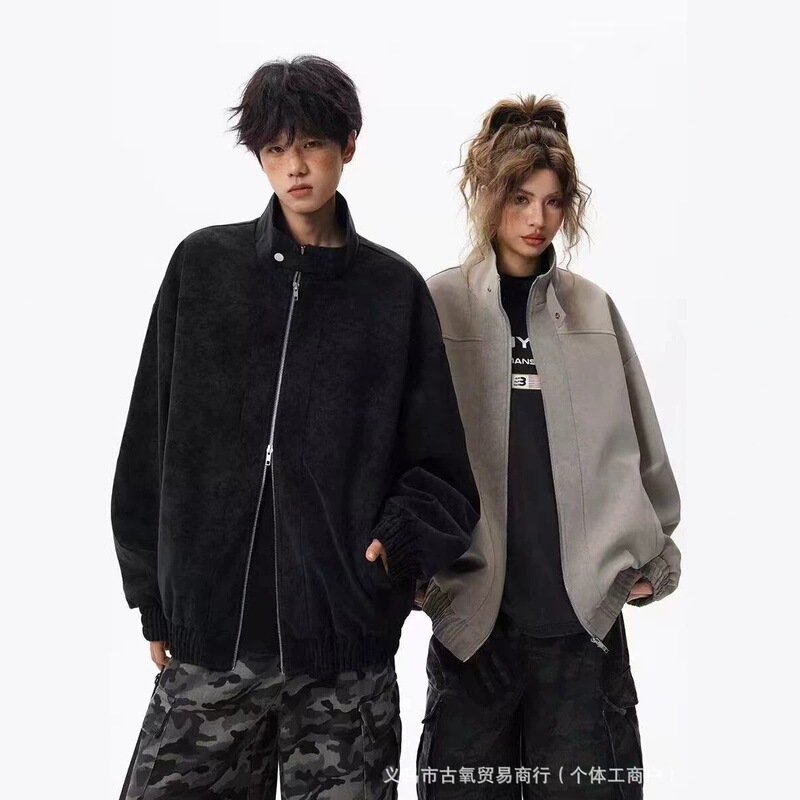 Couple's American retro faux suede tie-dye leather jacket for men and women, spring and autumn trendy loose-fitting biker jacket