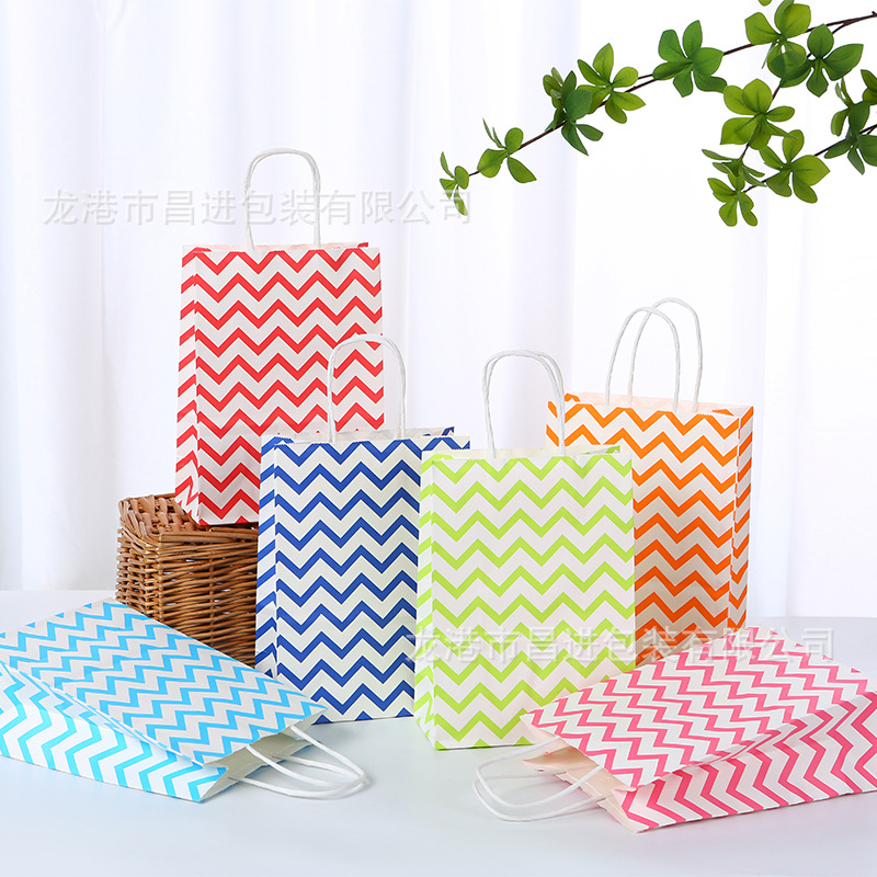 现货批发糖果打包牛皮纸手提袋子波浪纹纸质方底礼品纸袋加印logo