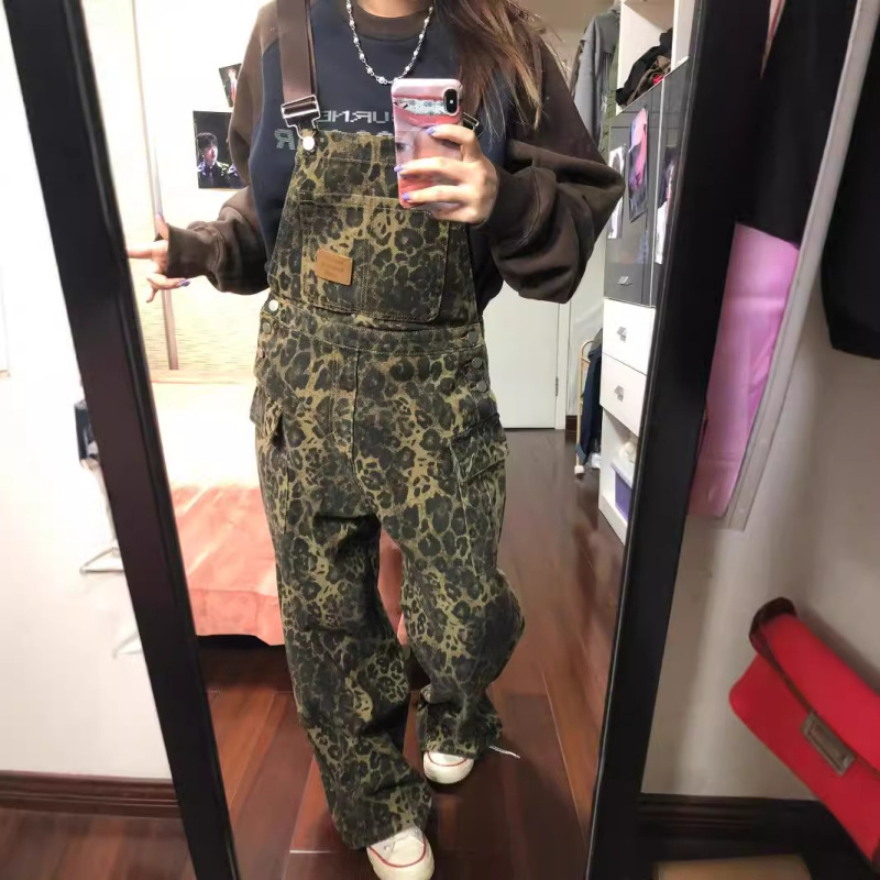 美式复古豹纹背带裤女春季新款宽松直筒街头牛仔阔腿工装裤ins潮|undefined