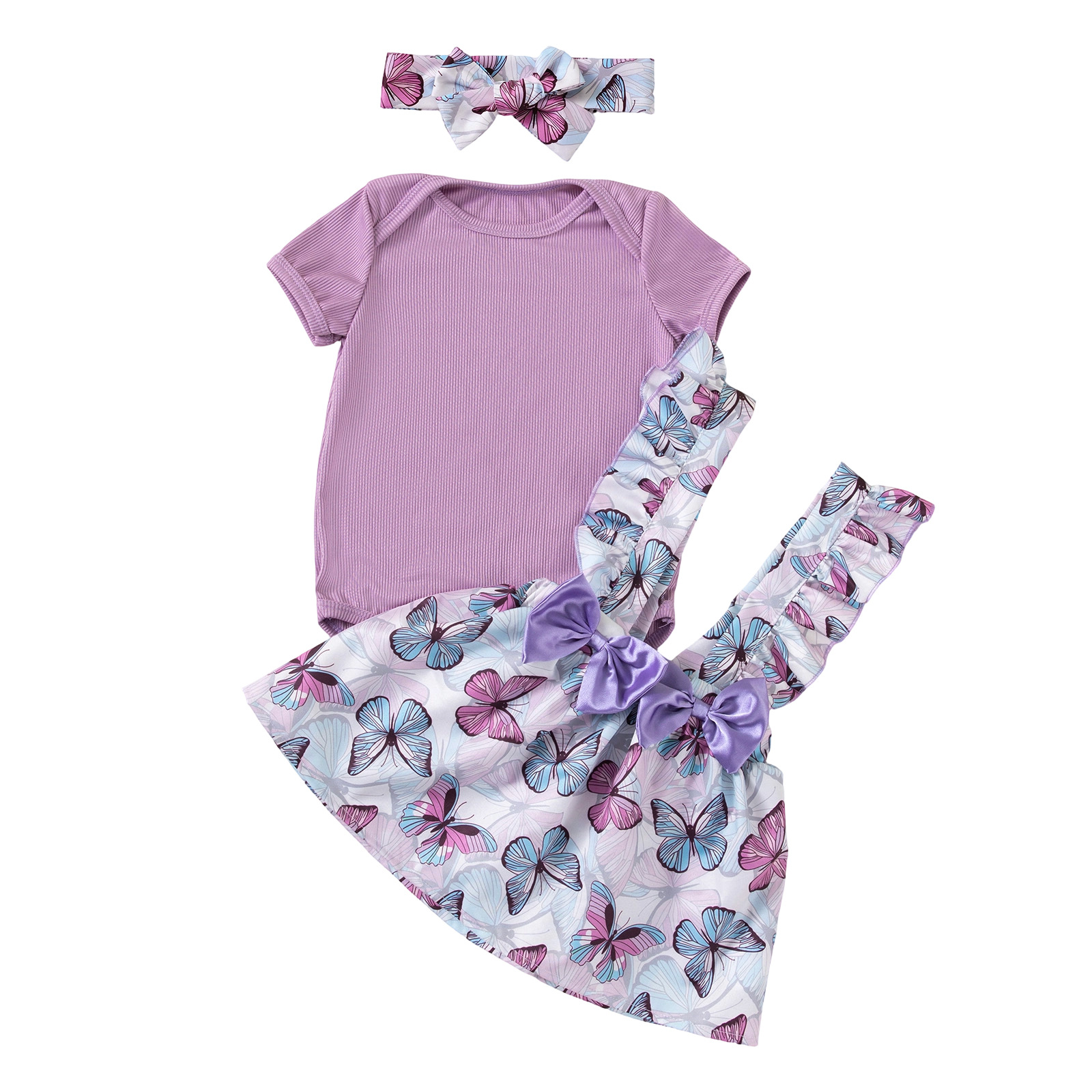 Ropa infantil 26 mariposa púrpura impresa correa falda bebé vestido de manga corta set set set de verano bebé set