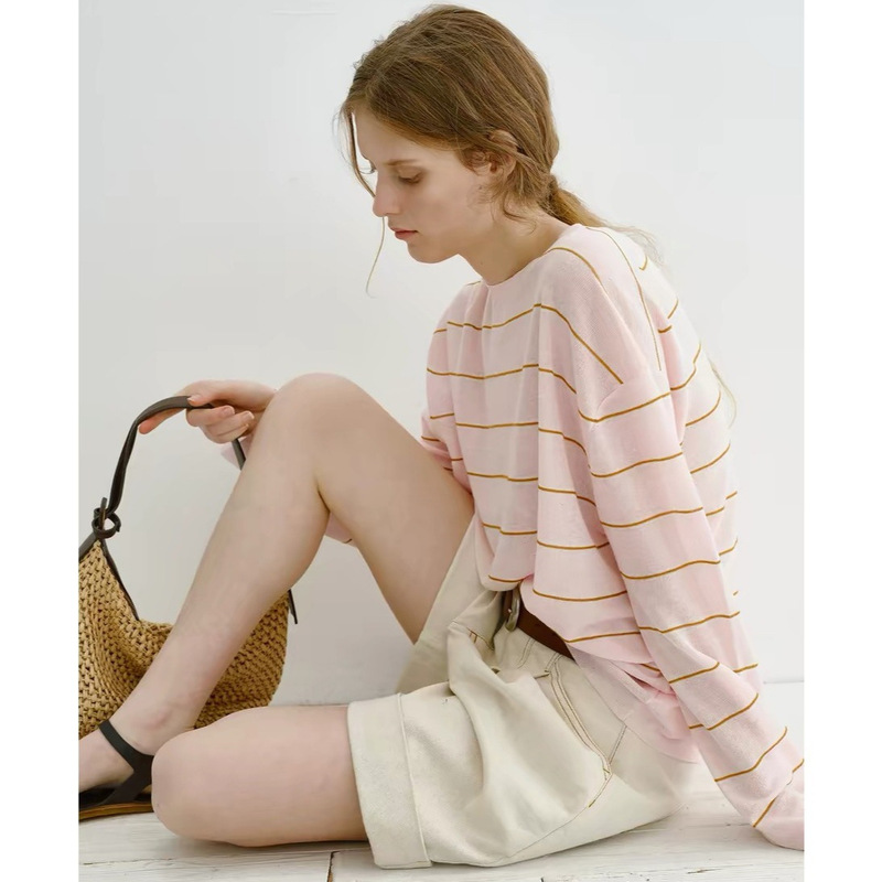 Made of Sen Lightweight Linen-Blend Striped Knit Long-Sleeve Shirt, Breathable and Relaxed-Fitting Sun-Protective Knit Cover-Up