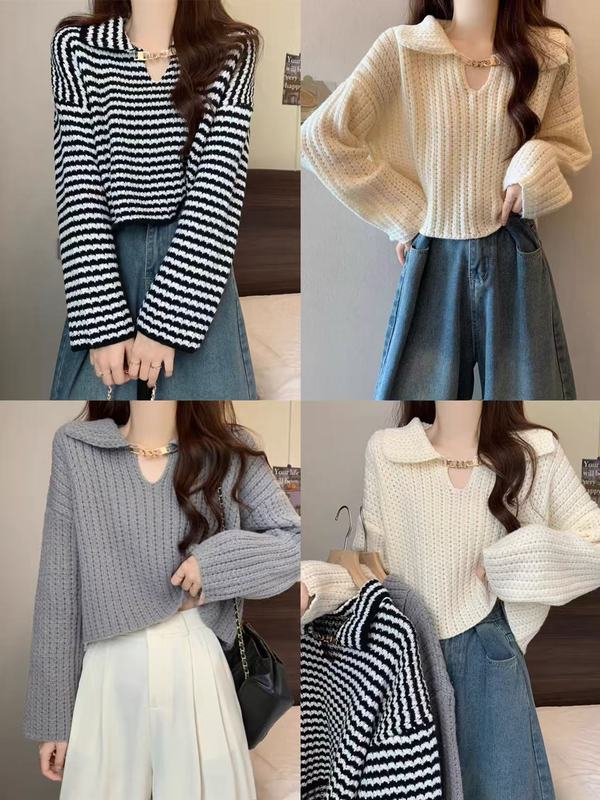 春秋のドールカラー韓国風セーター、女性用長袖デザインゆったりニット、小柄な方向けトップス、卸売、通勤スタイル|undefined