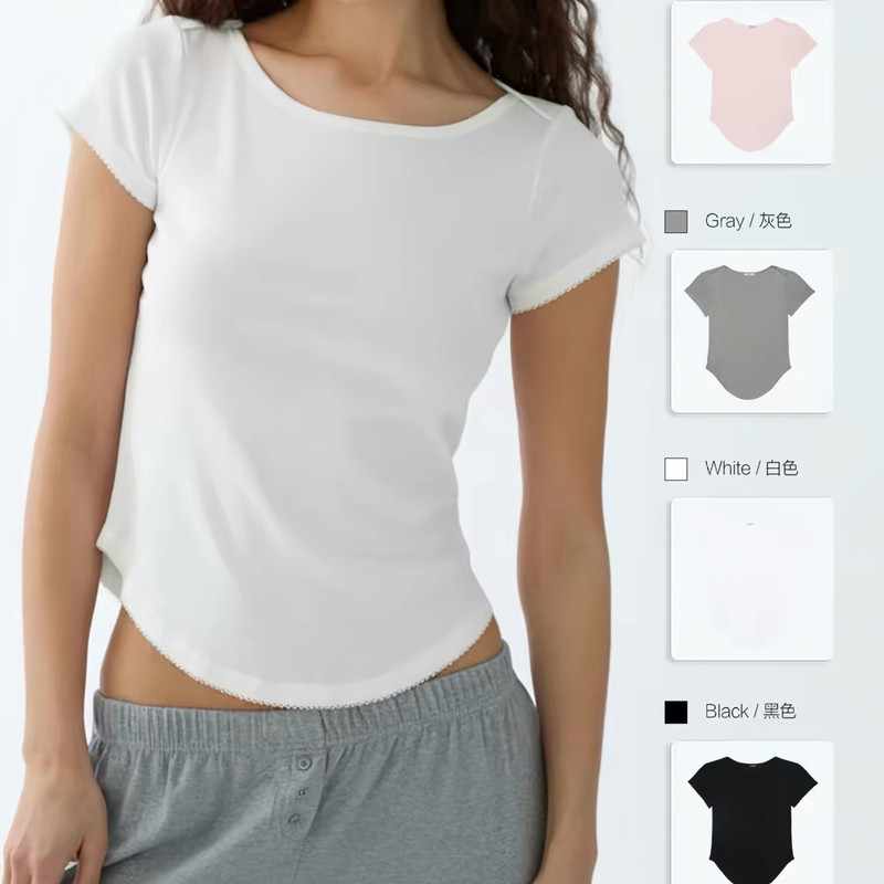 coucou original label solid color lace boat neck short sleeve t-shirt, basic versatile simple commuter top for women coucou original label solid color lace boat neck short sleeve t-shirt, basic versatile simple commuter top for women
