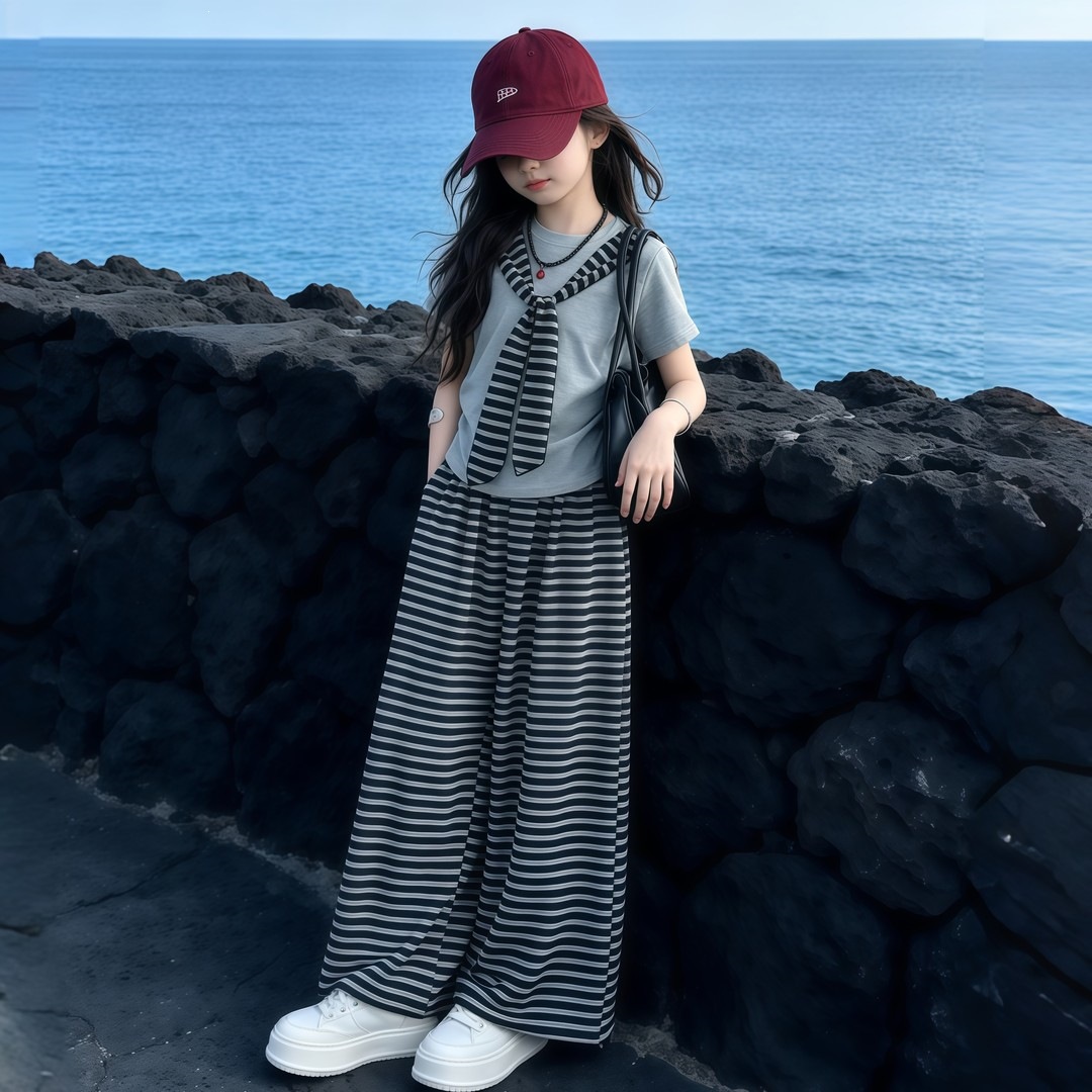 女童夏款套装2026新款女孩6-12岁中大儿童装夏季洋气条纹防蚊裤潮