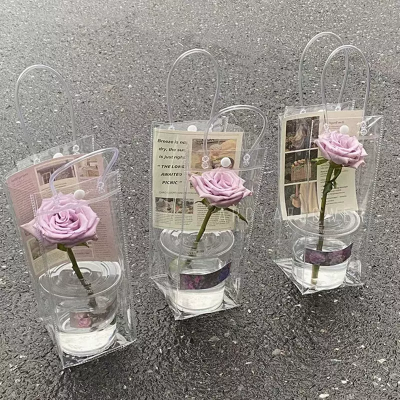 批发pvc花袋摆摊鲜花袋子透明手提袋奶茶包装袋杯花袋子情人节