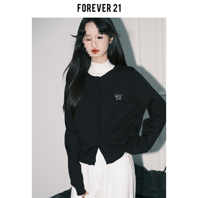 Forever21克莱因蓝别致刺绣针织开衫女ins宽松上衣慵懒松弛感毛衣|undefined