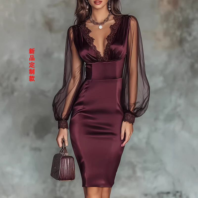 European and American Cross-Border New Satin Deep V-Neck Dress, Fashionable and Sexy Lace Splicing Tulle Puff Sleeve Evening Gown European and American Cross-Border New Satin Deep V-Neck Dress, Fashionable and Sexy Lace Splicing Tulle Puff Sleeve Evening Gown