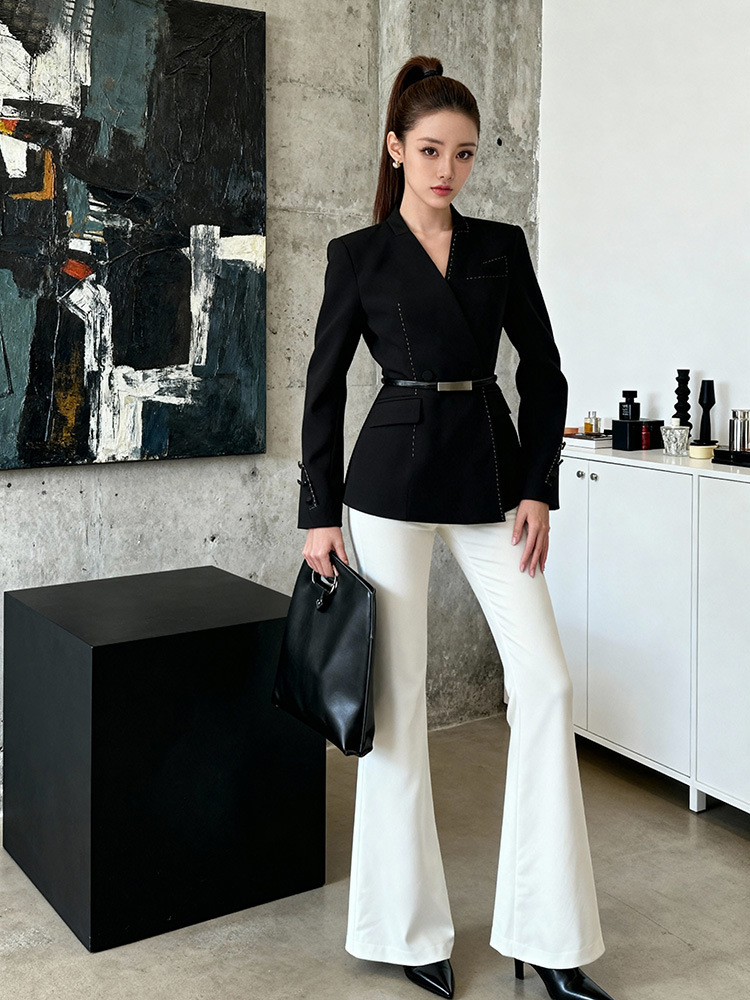 Áo blazer nữ thắt eo công sở thiết kế tôn dáng — màu đen