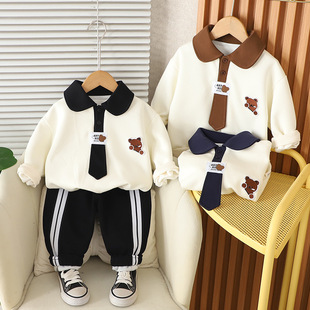 Boys Spring and Autumn Suit 2025 New Style Western Style Color Matching Children's Tie Baby College Style Sweatshirt Two-Piece Set