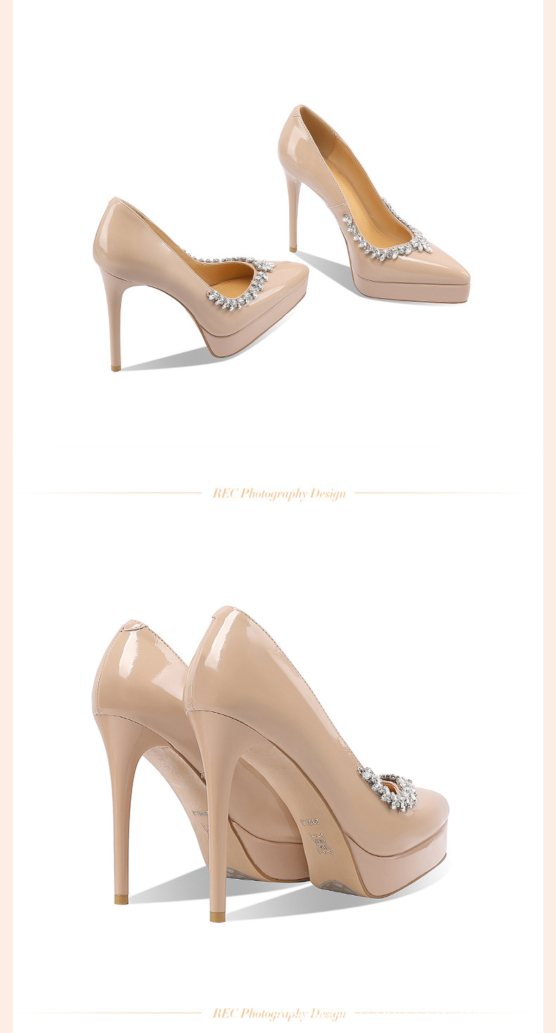 Giày cao gót nữ mũi nhọn da thật, gót siêu cao 14 cm, đế platform, đính đá rhinestone — Màu nude 10cm chi tiết 4