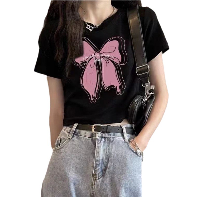 Camisas de mangas cortas americanas de alta calle caliente para mujeres 2026 verano delgado cintura alta ombligo corto de moda impresa blusa
