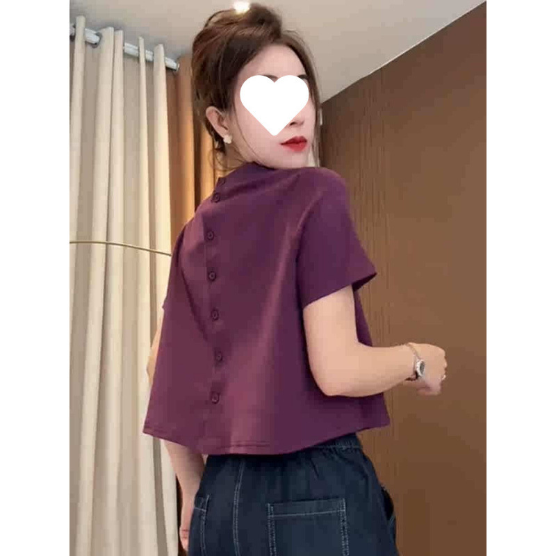纯棉大码后背排扣设计短袖T恤女2025夏季新款宽松显瘦时尚上衣女|undefined