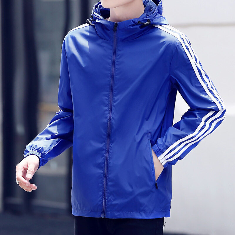 Chaqueta deportiva transfronteriza para hombre, fina, de primavera y otoño, informal, cortavientos para exteriores, talla grande, con capucha y tres rayas.