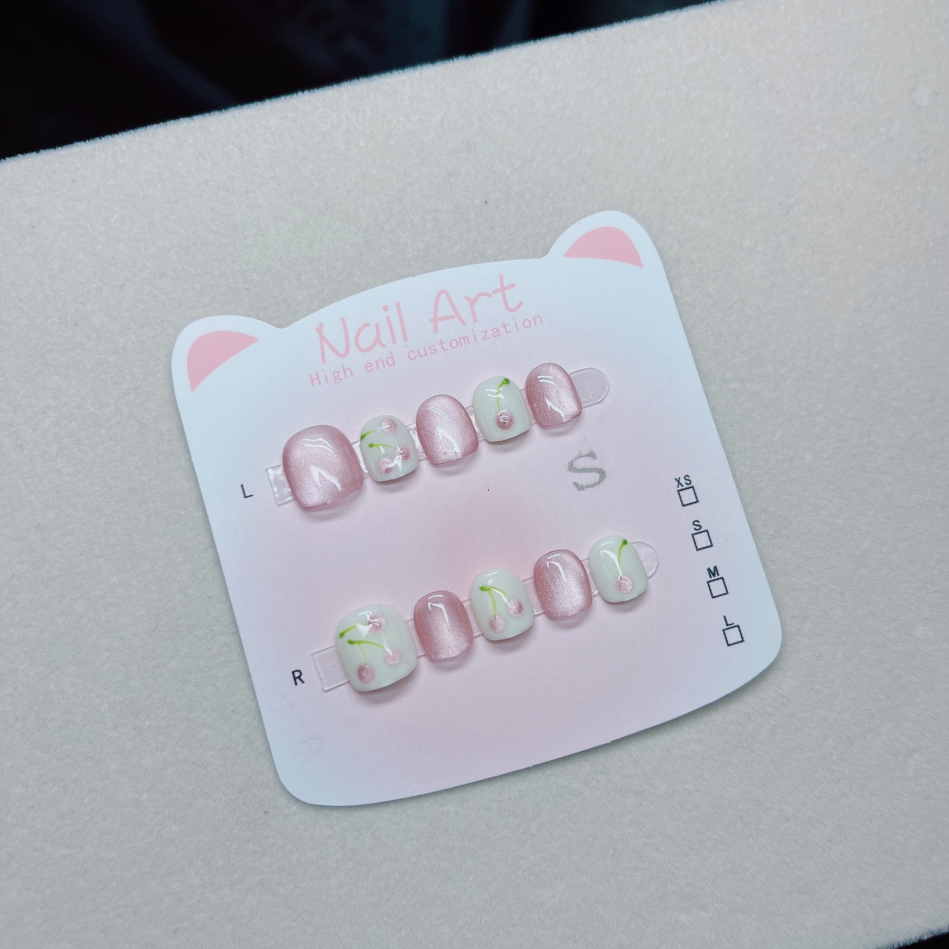 儿童穿戴甲卡通美甲贴片猫眼樱桃纯手工穿戴甲假指甲宝