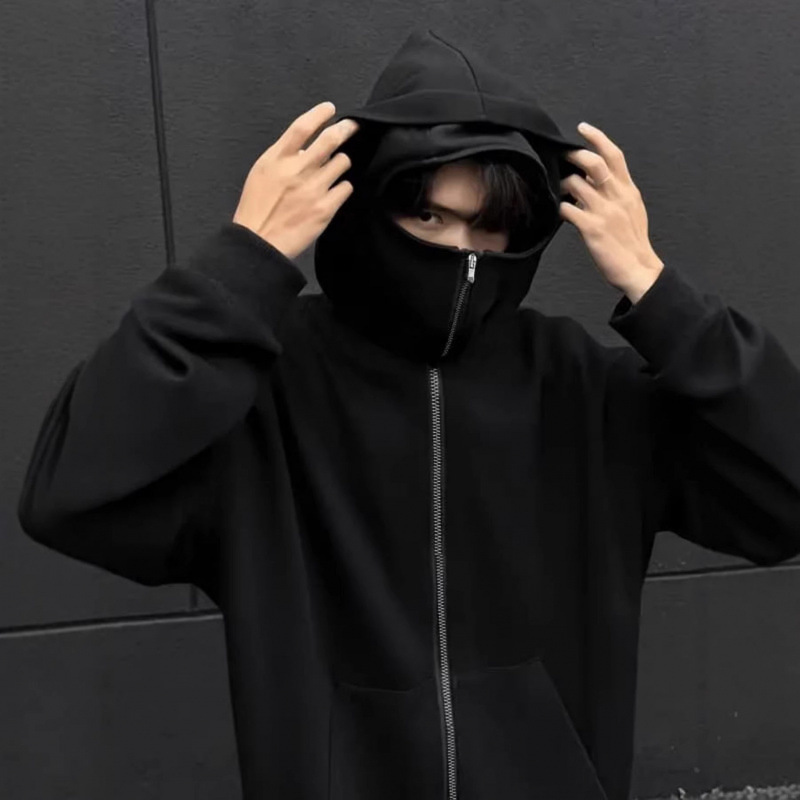 Autumn and winter thickened fleece jacket for men, full-face zip-up hooded sweatshirt, trendy men's functional style sweatshirt