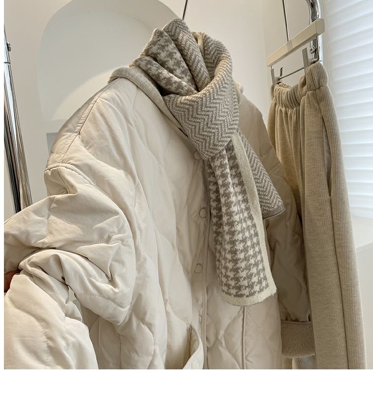 Collarless lamb wool splicing light and thin winter Korean version loose small fragrant dia plaid warm cotton jacket_voghion.com