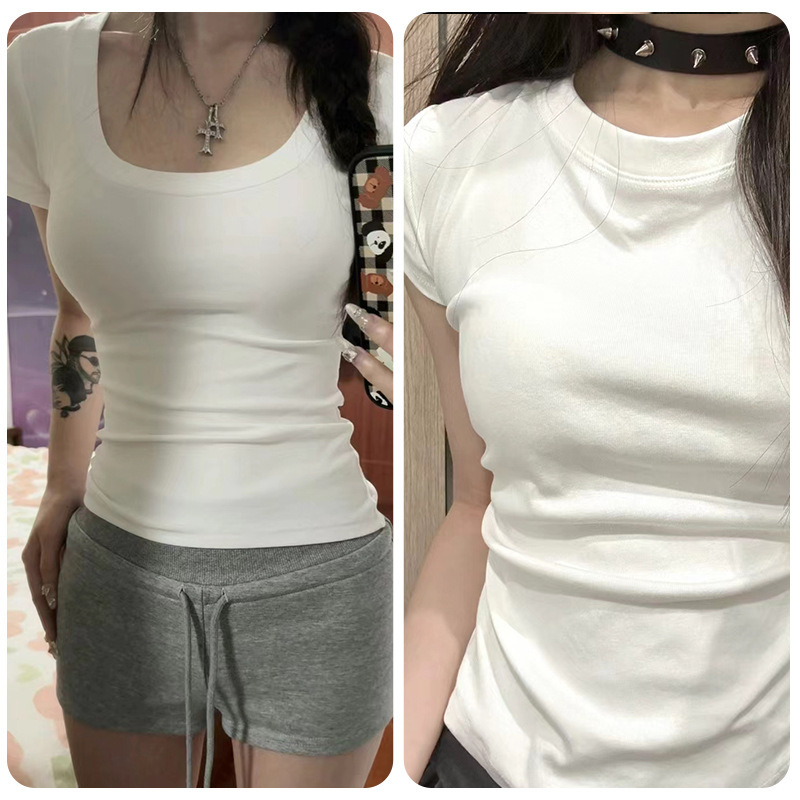酒红色正肩女恤领短袖收腰短上衣掐腰黑色微胖修身显瘦辣妹夏季|undefined