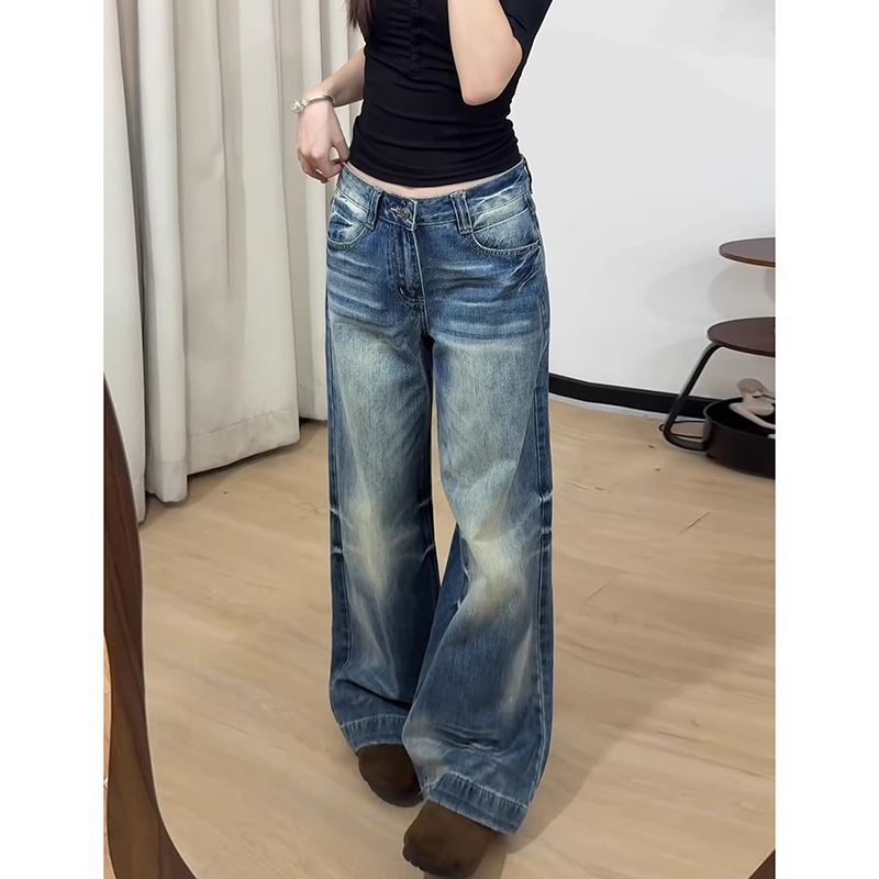 韩版嘻哈个性阔腿高腰牛仔裤女生秋冬新款宽松时尚直筒水洗长裤潮