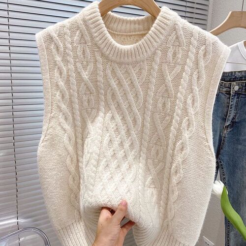 Retro twist sleeveless vest for women autumn Korean thickened loose folded knitted sweater with round neck vest