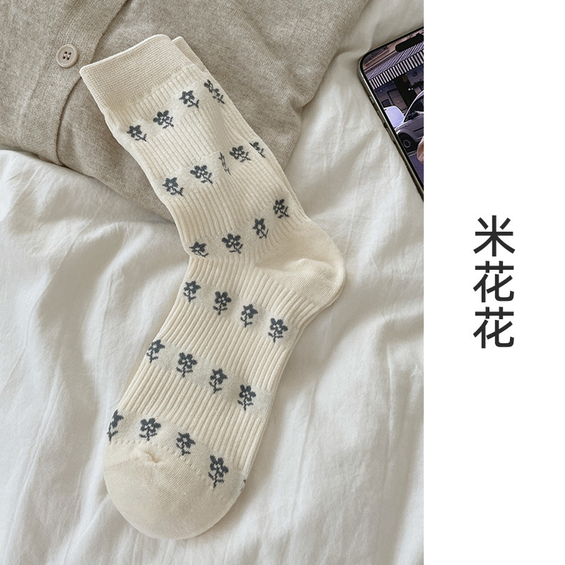suxinaimin灰色袜子女中筒袜ins潮秋冬miu系小花堆堆袜蝴蝶结长袜|undefined