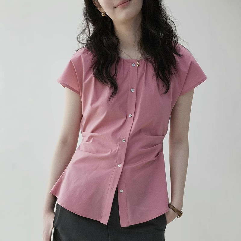 "Mustard Pie" French-Style Waist-Cinching Pleated Tie Slim-Fit Shirt for Women, New Summer Slimming Commuter Top