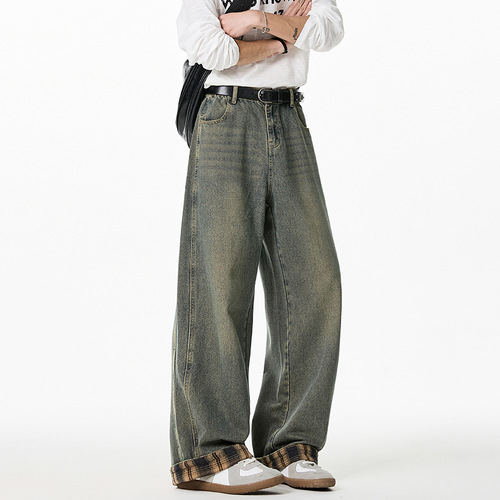 Grafic Patchwork Retro Washed Jeans Spring Split Design Straight Leg Pants Semi-Relaxed Loose Pants