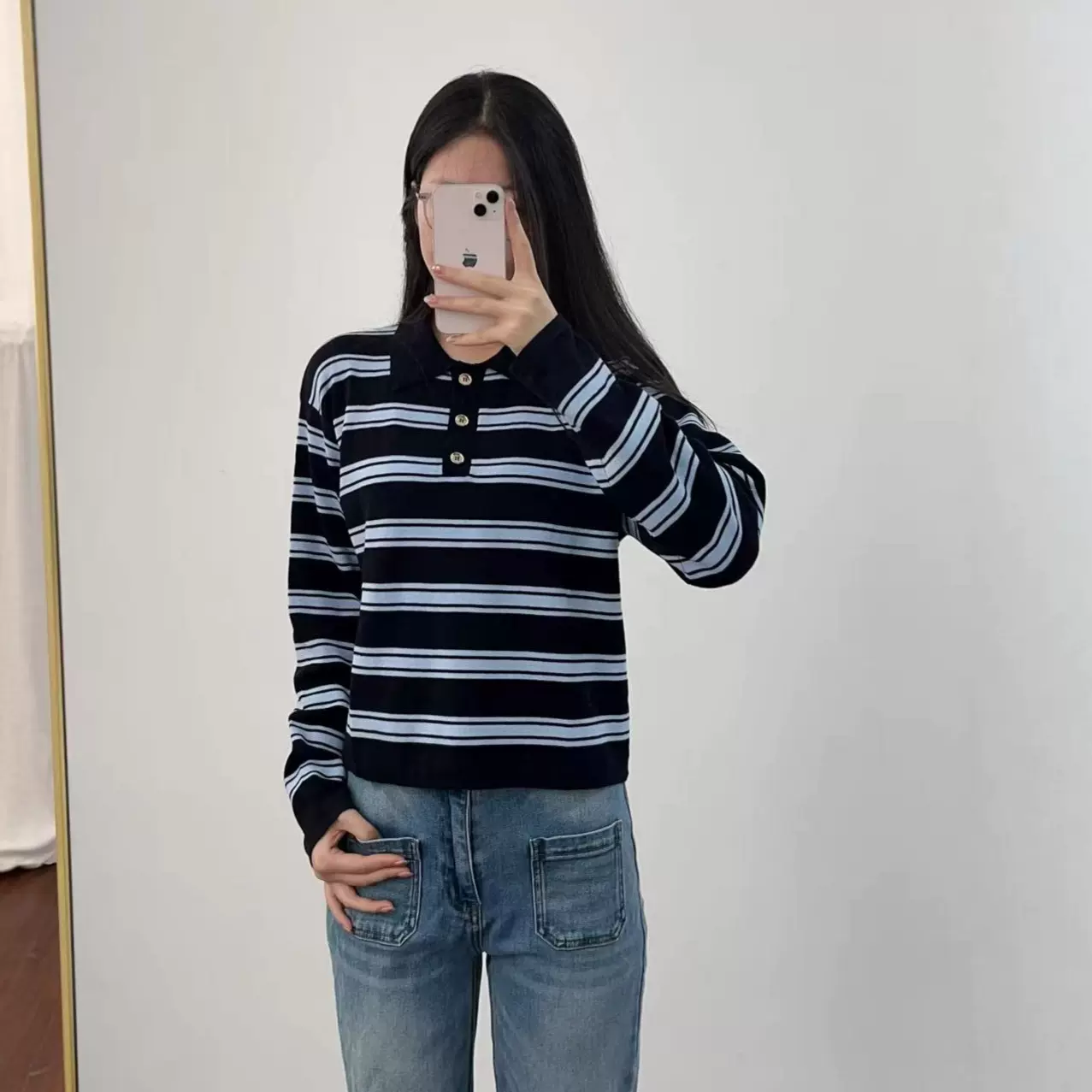 2025S家早秋休闲宽松慵懒两色针织条纹撞色polo长袖上衣250208