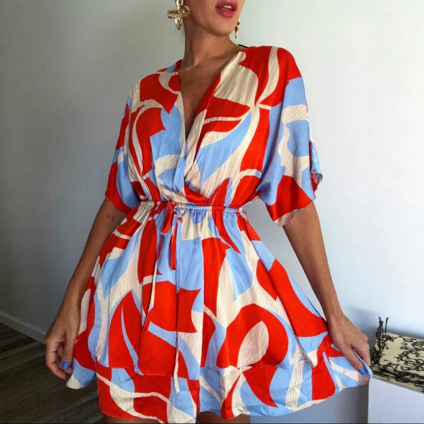 Abstract Print V-Neck Midi Dress With Tie Waist, Flowy Short Sleeve Summer Dress For Vacation & Casual Outings_ecoleips.com