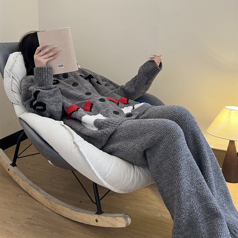 Girls Cute Cartoon Print Knitted Half Velvet Pajamas Women's Autumn and Winter Thickened Warm Stuffed Home Clothes Set Girls Cute Cartoon Print Knitted Half Velvet Pajamas Women's Autumn and Winter Thickened Warm Stuffed Home Clothes Set